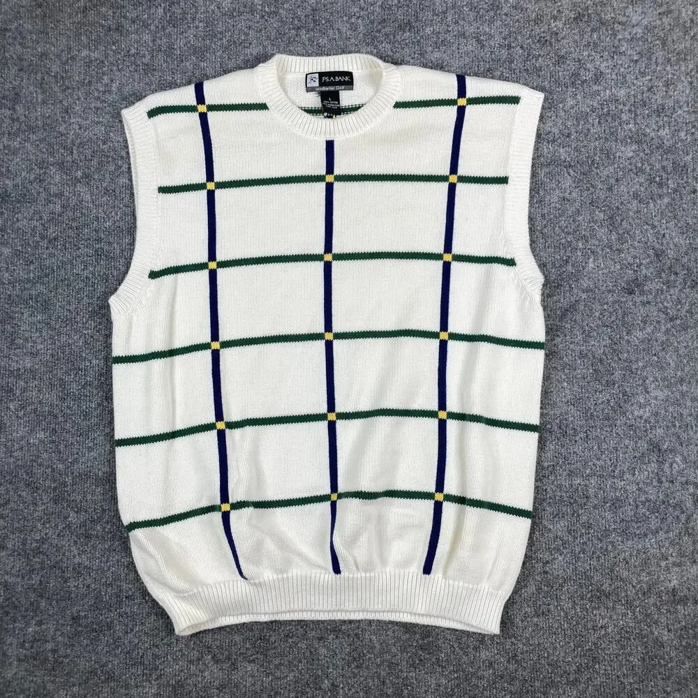 J.S. A.‎ Bank Sweater Vest Mens L White Striped Cotton Golf Preppy Classic